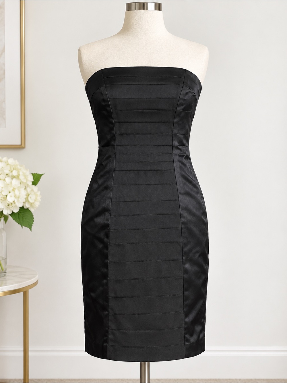Ann Taylor Black Strapless Mini Dress Size 6 Satin Panel Bodycon Cocktail LBD